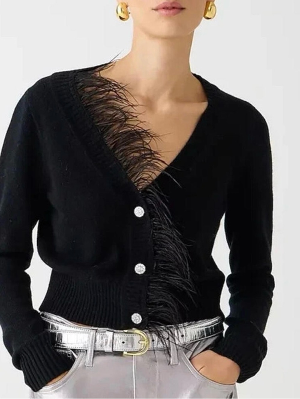 J. Crew Black Feather-Trim V-Neck Sweater Cardigan XS Wool Cashmere